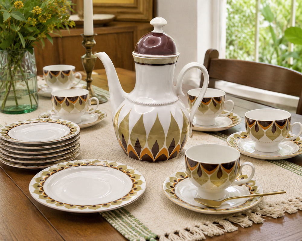Vintage Eschenbach Bavaria 25 piece Coffee Set Serves 8 Brown Green MCM Retro